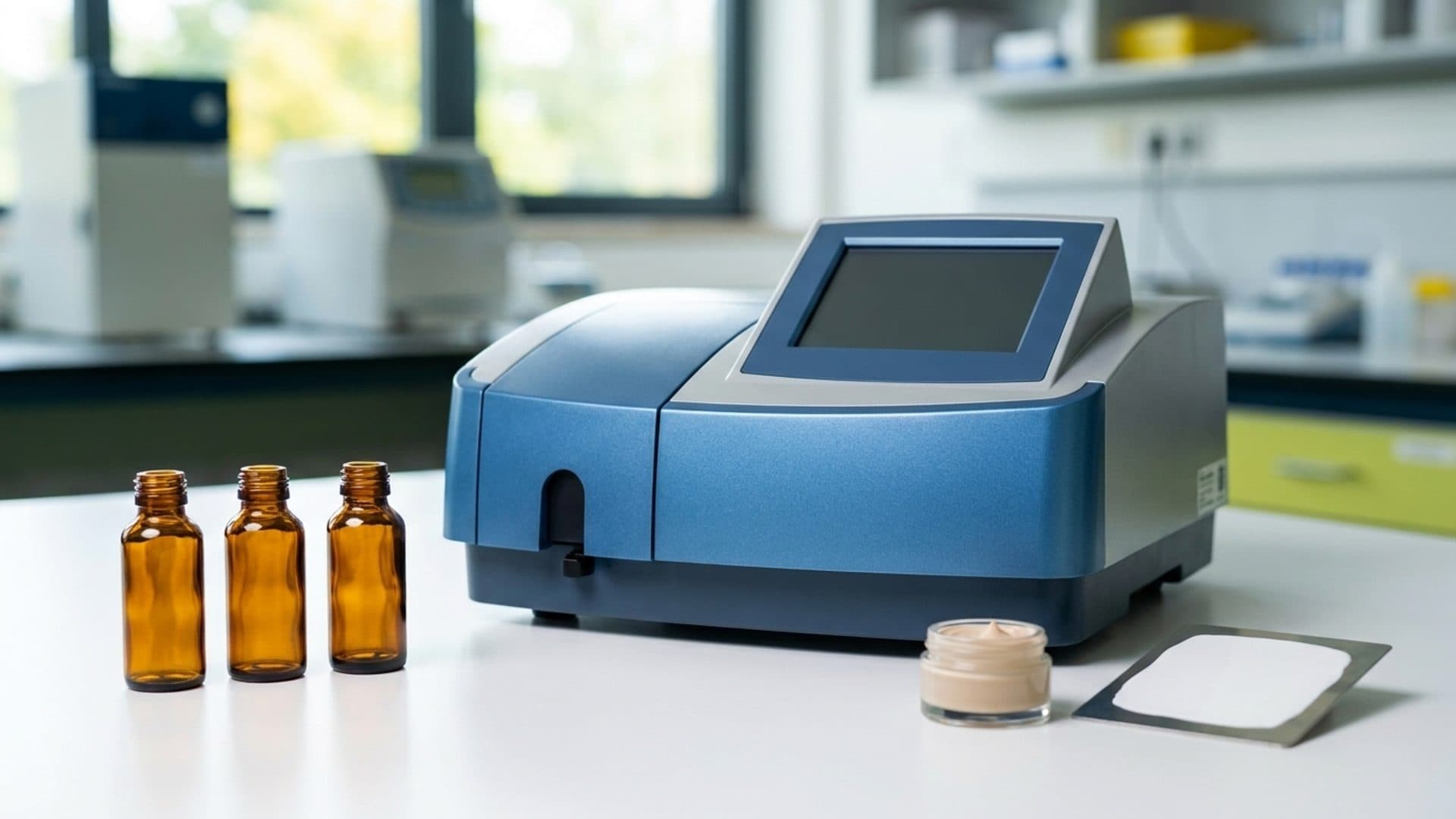 Three amber sample vials beside UV analysis equipment and formulation samples