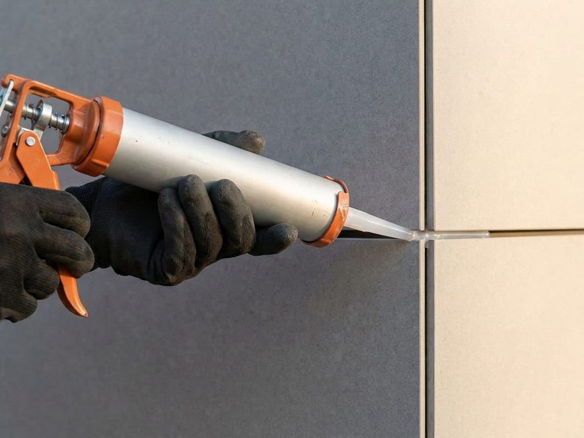 Gloved hand applying sealant between building panels