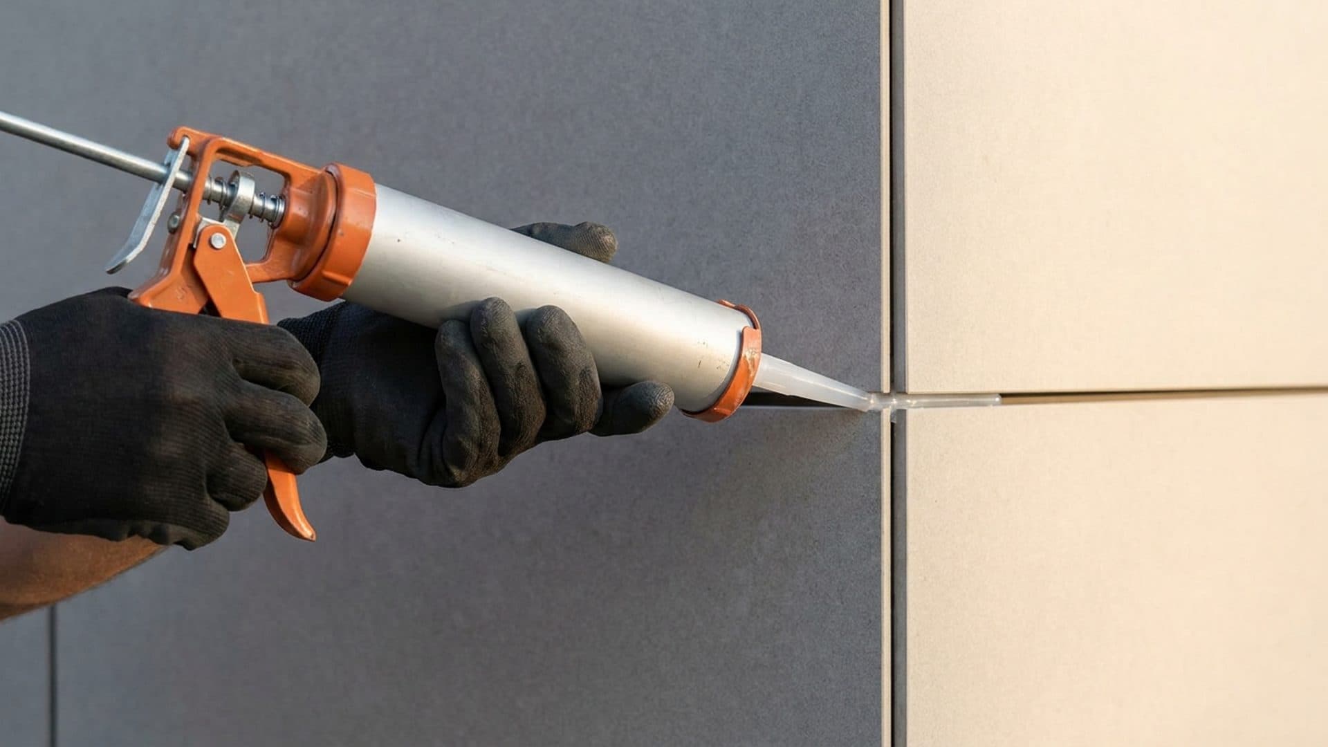 Gloved hand applying sealant between building panels