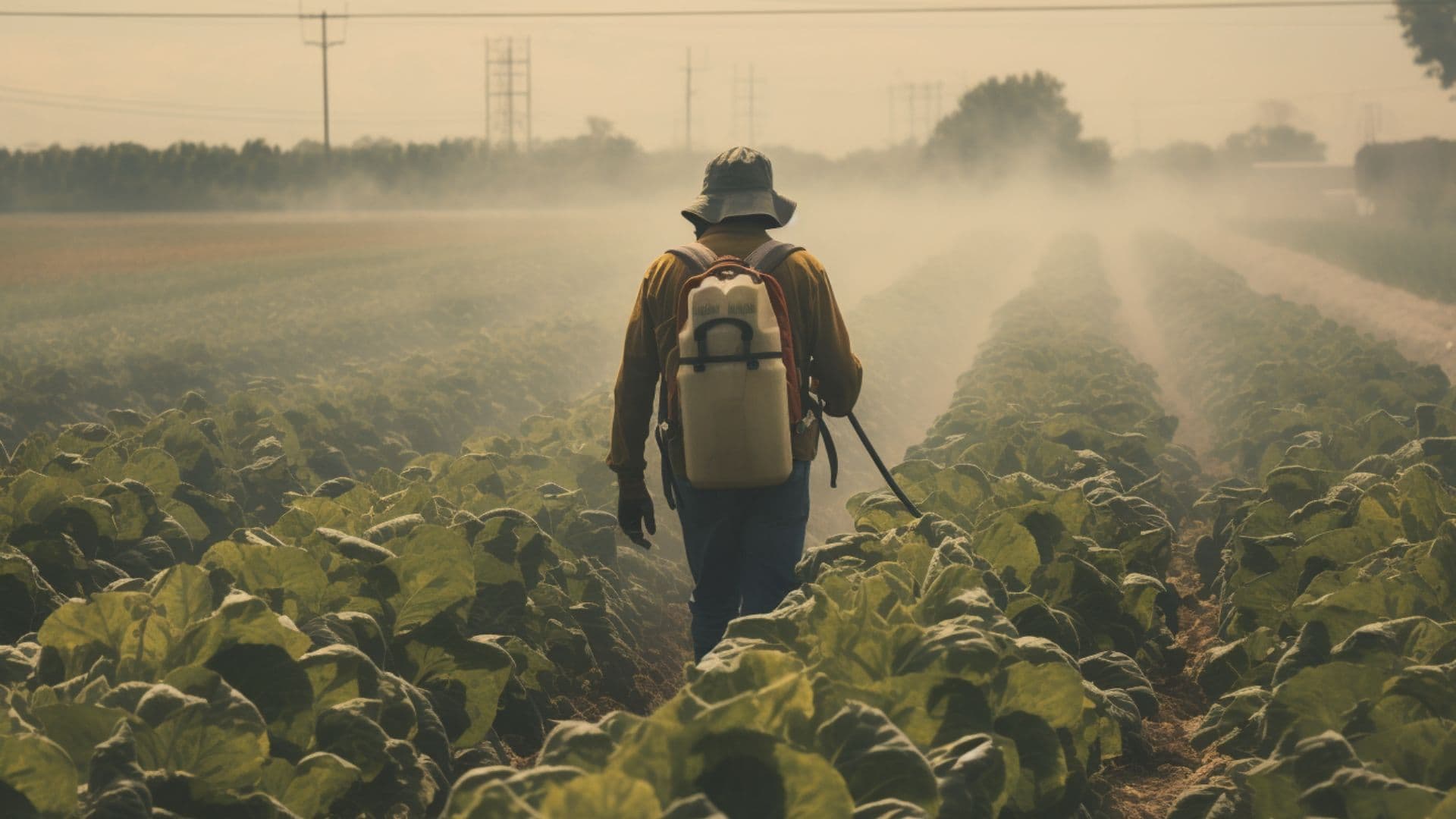 Farmer spraying crops in a field