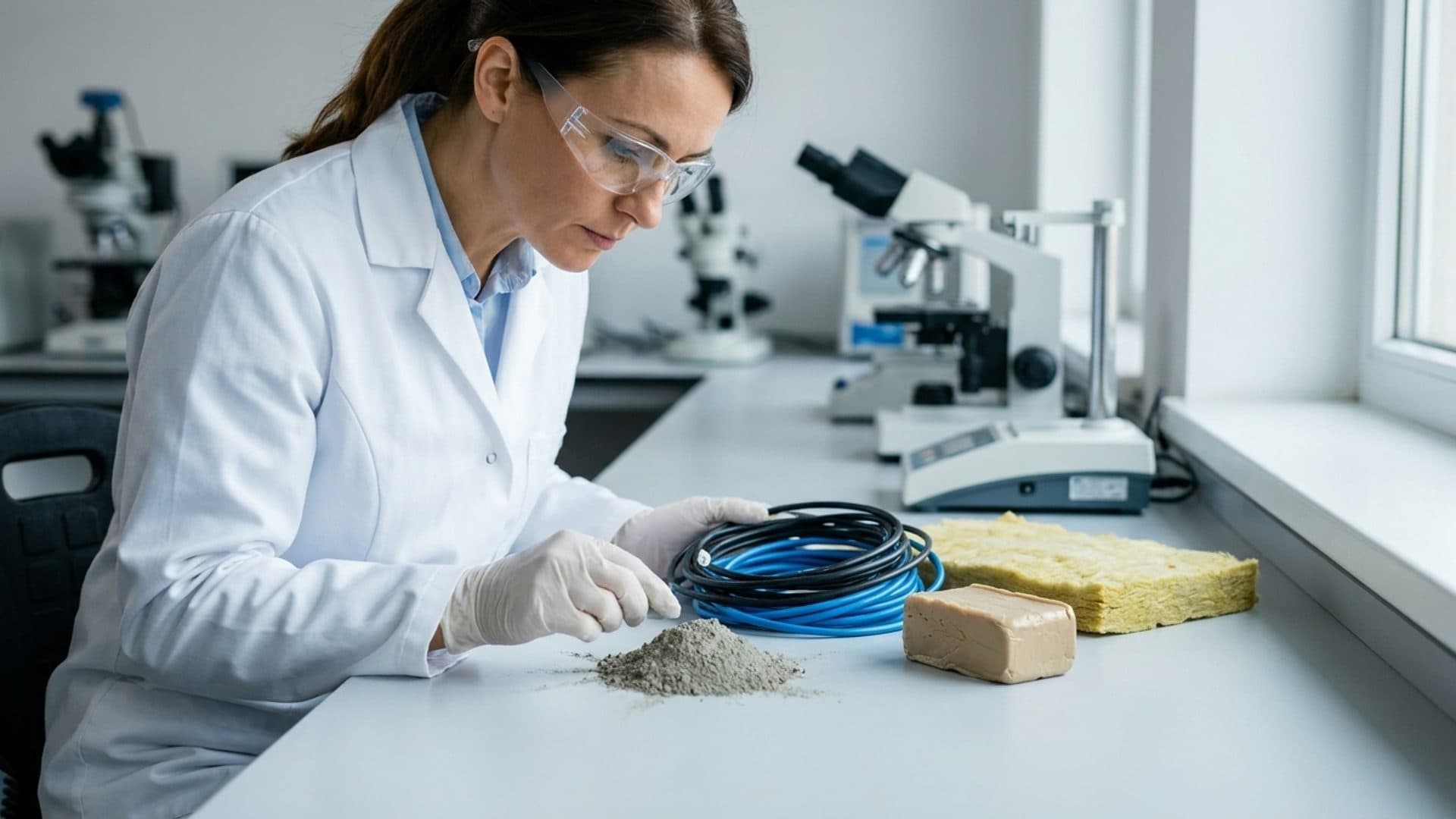 Engineer assessing unbranded construction-product samples