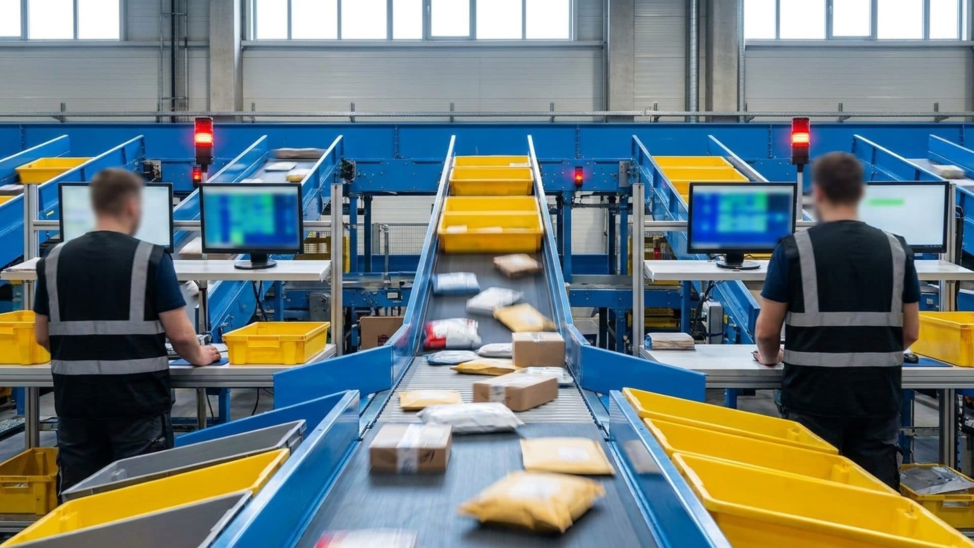 Customs inspectors reviewing parcels in an automated sorting hub
