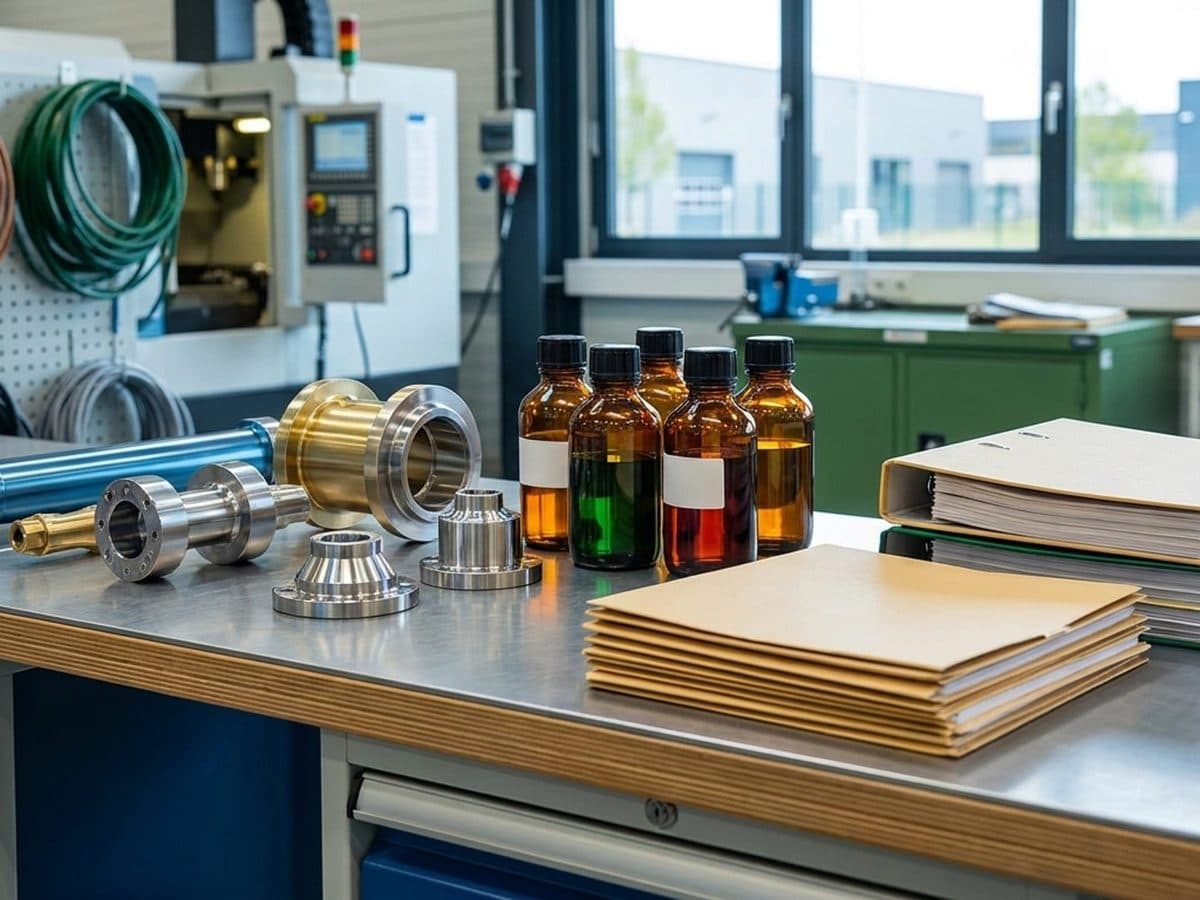 Aerospace components and chemical samples beside compliance dossiers