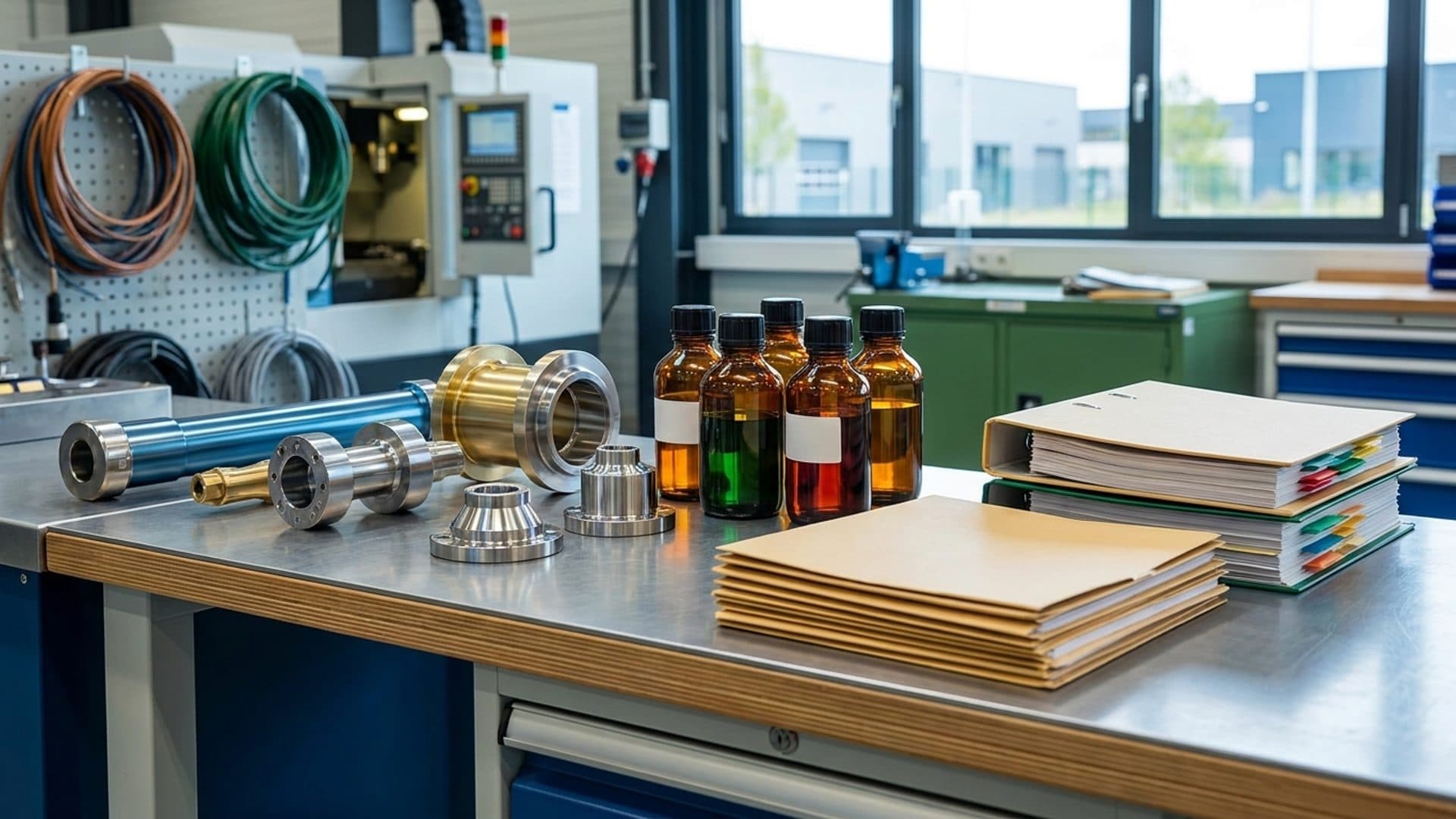 Aerospace components and chemical samples beside compliance dossiers