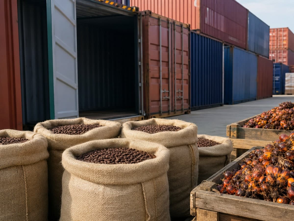 Cargo containers with coffee beans and palm oil fruit in a logistics setting