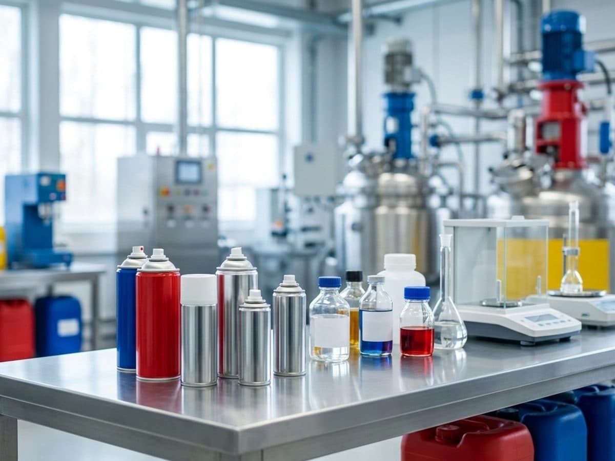 Unbranded aerosol cans and chemical containers in a modern formulation facility