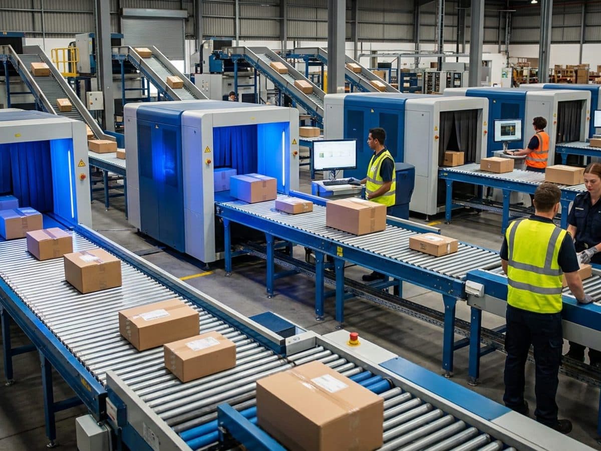 Parcels moving through an automated customs inspection facility