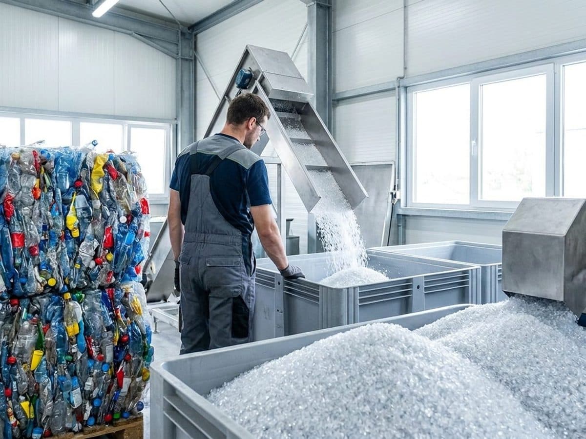 Sorted plastic and recycled polymer pellets in a modern recycling plant