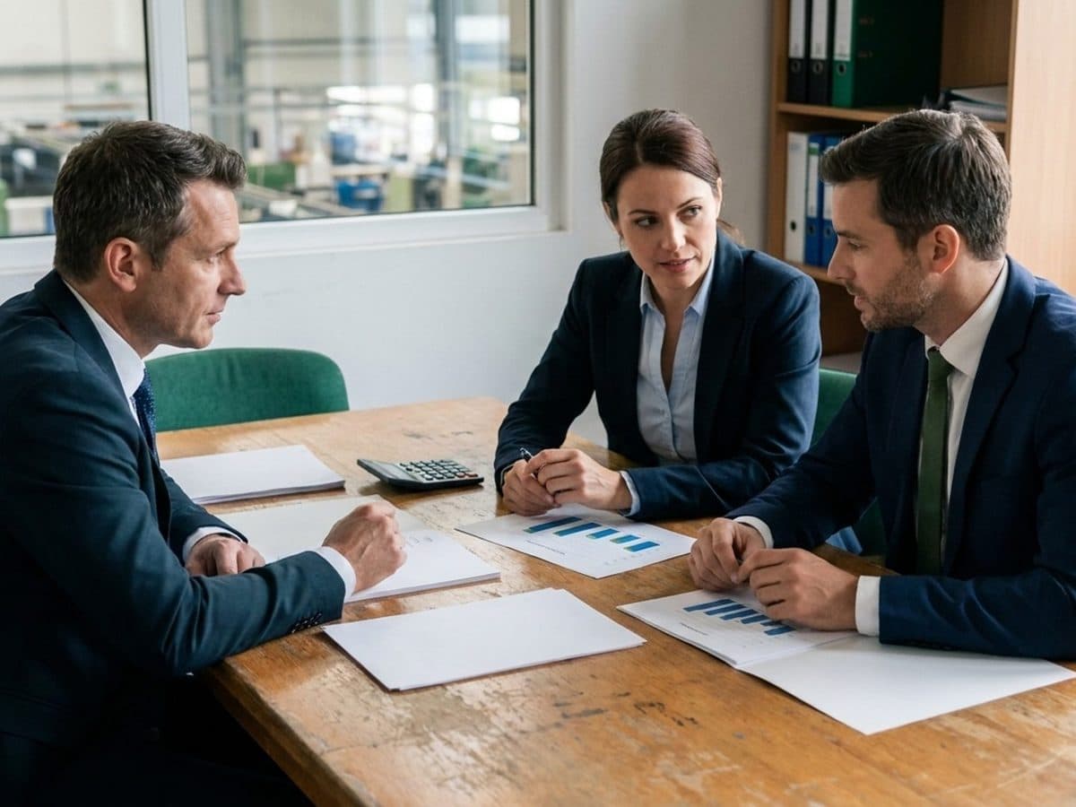 Managers reviewing environmental compliance costs at a meeting