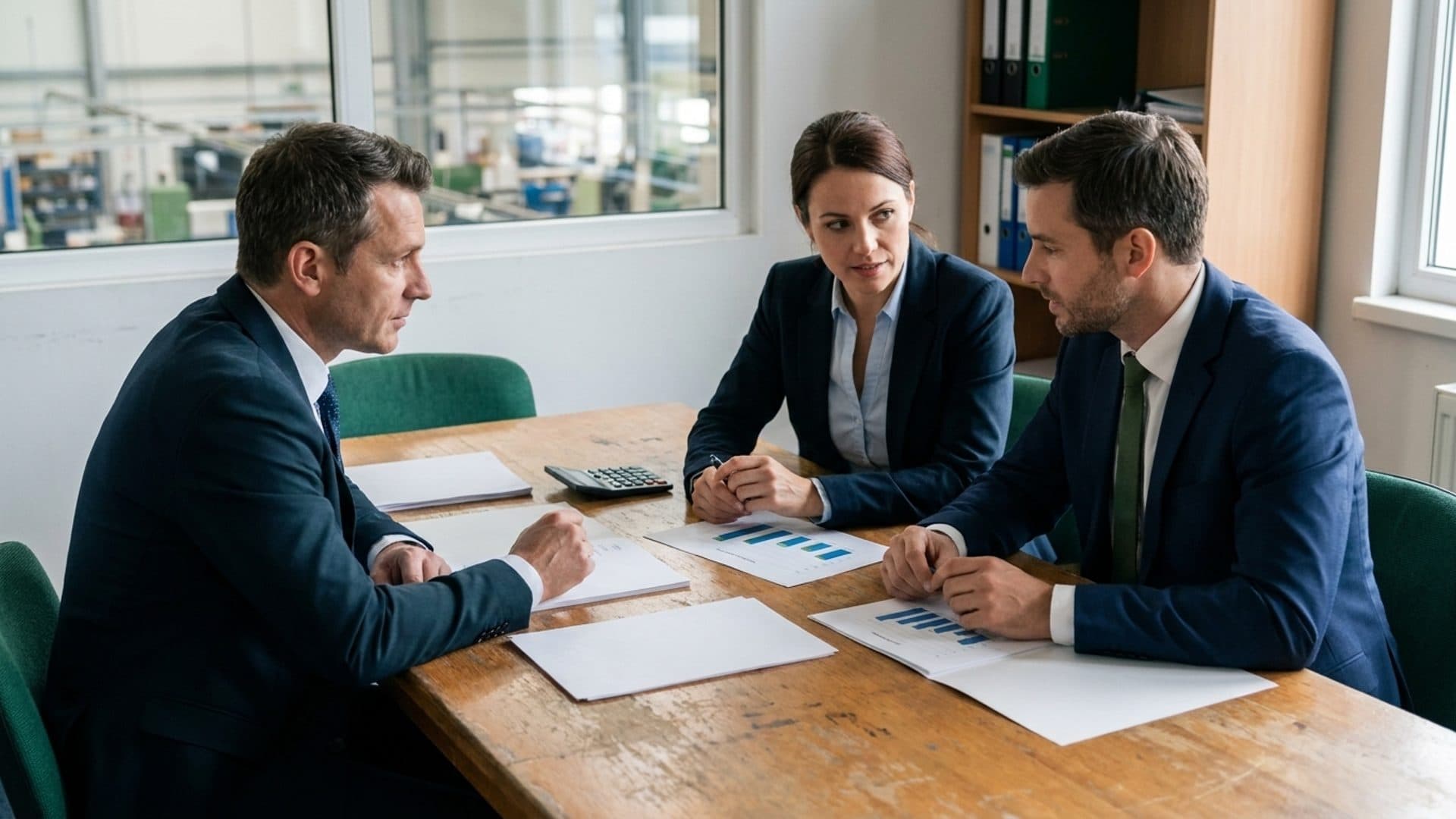Managers reviewing environmental compliance costs at a meeting