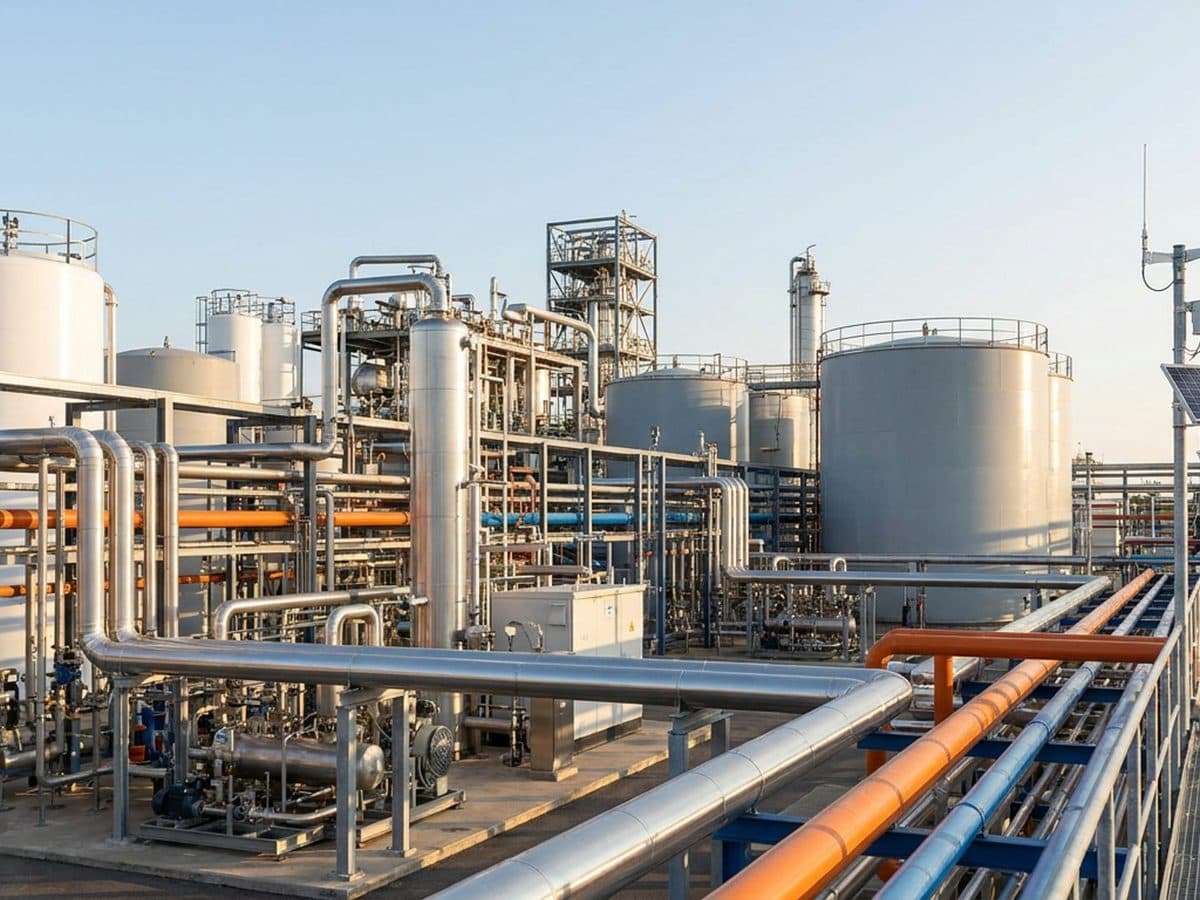 Industrial chemical manufacturing facility with environmental monitoring equipment