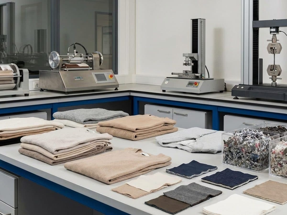 Textile testing laboratory with garments and material samples