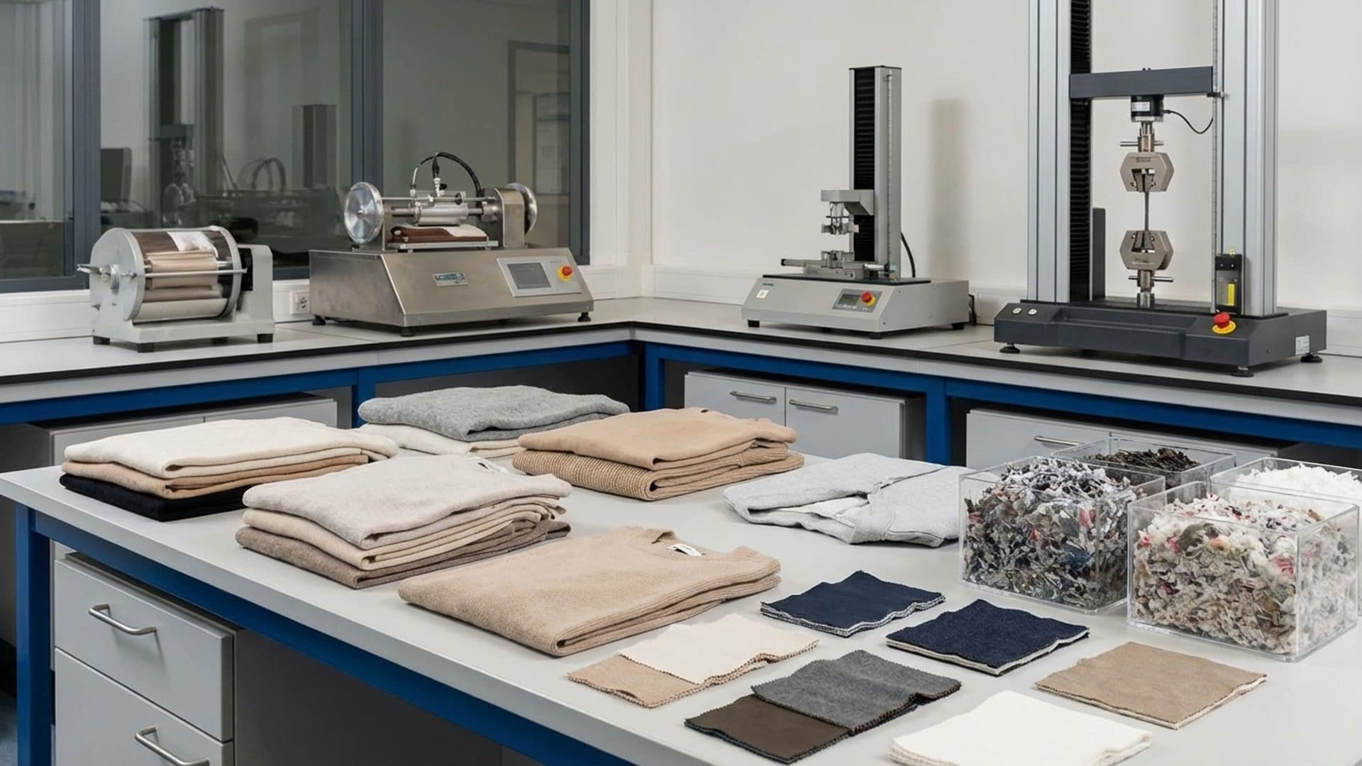 Textile testing laboratory with garments and material samples