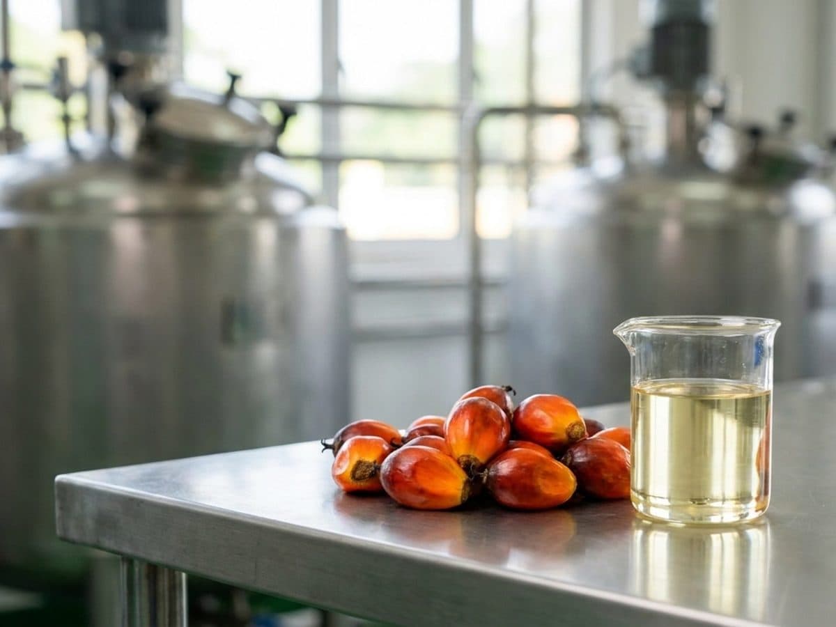 Oil palm fruit and a sample of oil at an oleochemical processing facility