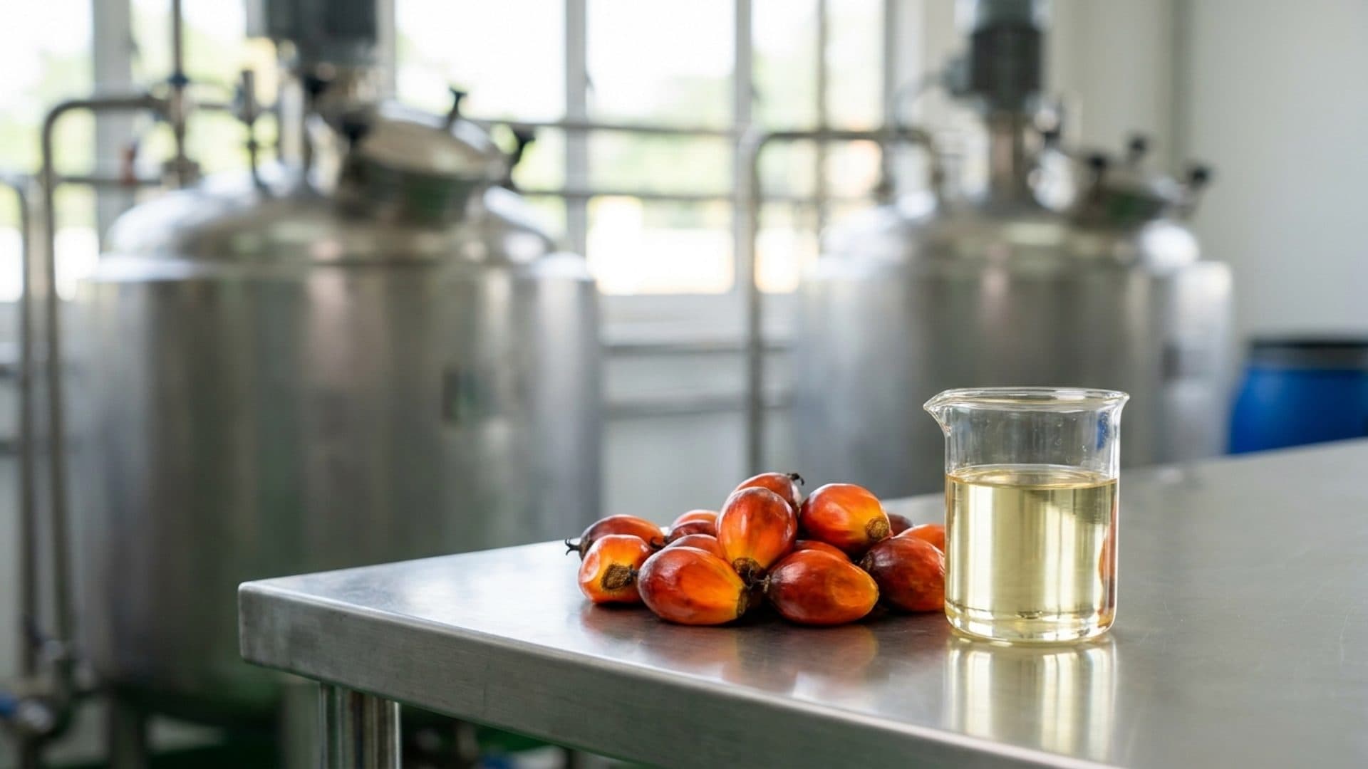 Oil palm fruit and a sample of oil at an oleochemical processing facility