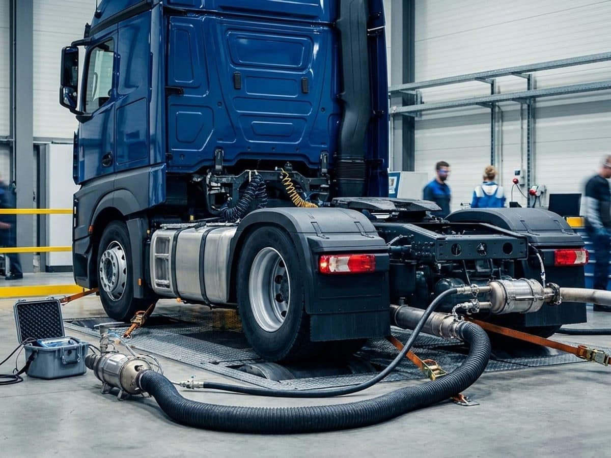 Heavy-duty truck undergoing controlled emissions testing