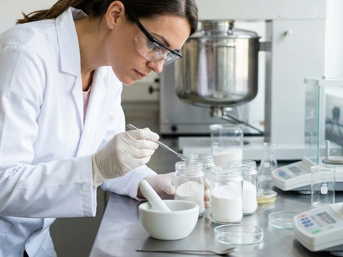 Food technologist checking powdered stabiliser samples in a laboratory