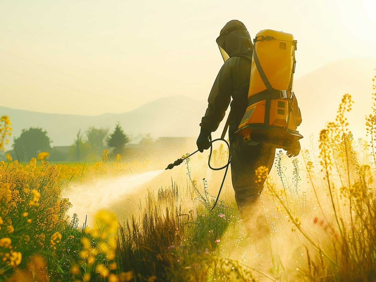 Person spraying pesticide in a field
