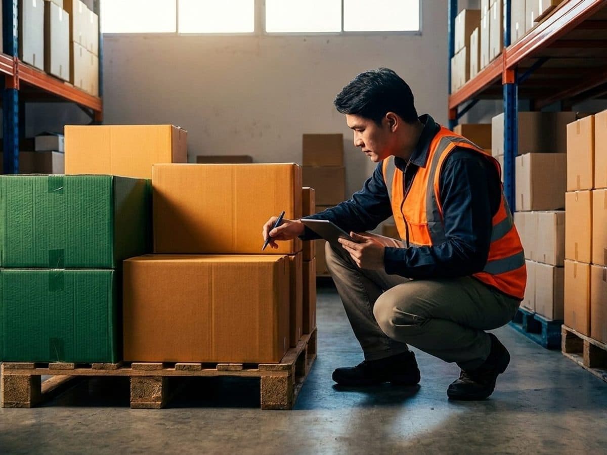 Compliance reviewer inspecting unbranded consumer-goods packaging in a warehouse
