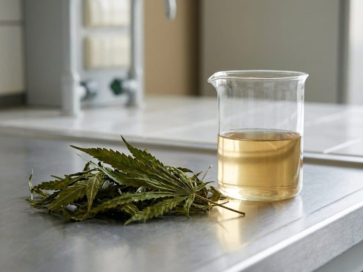 Dried hemp leaves and a clear herbal infusion on a laboratory bench