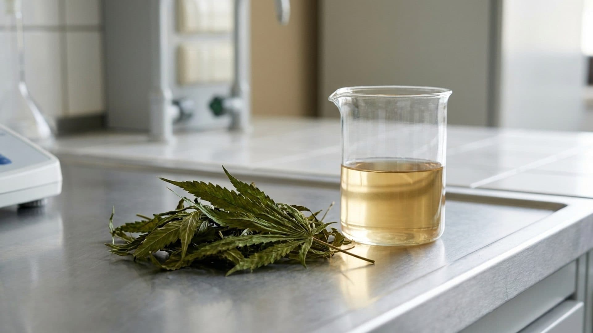 Dried hemp leaves and a clear herbal infusion on a laboratory bench
