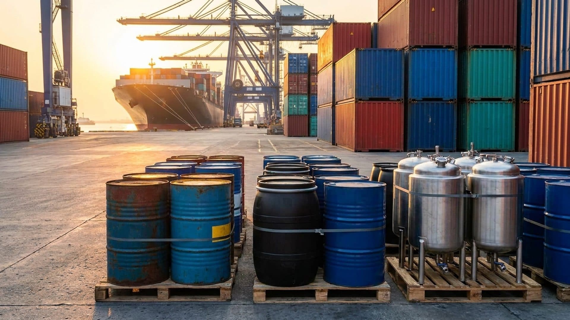 Industrial chemical drums at a freight terminal with shipping containers in the background