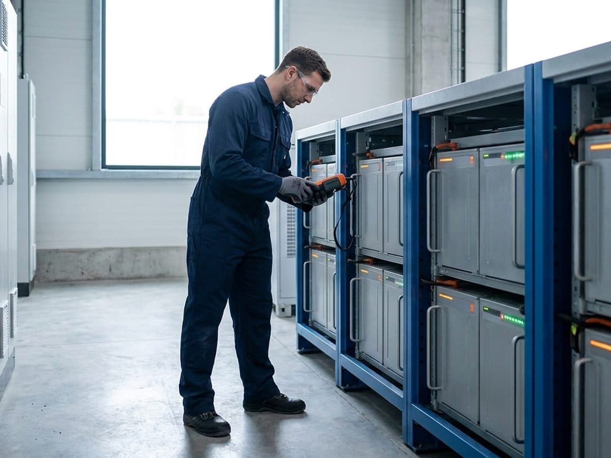 Technician checking an industrial battery energy-storage system