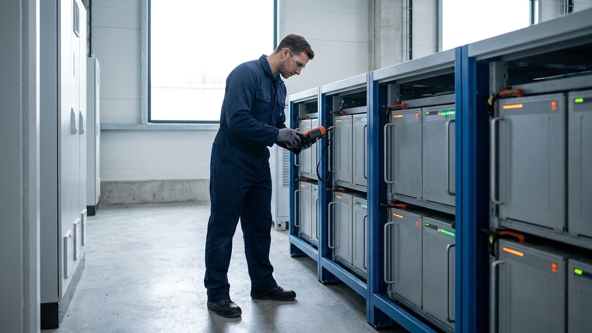 Technician checking an industrial battery energy-storage system