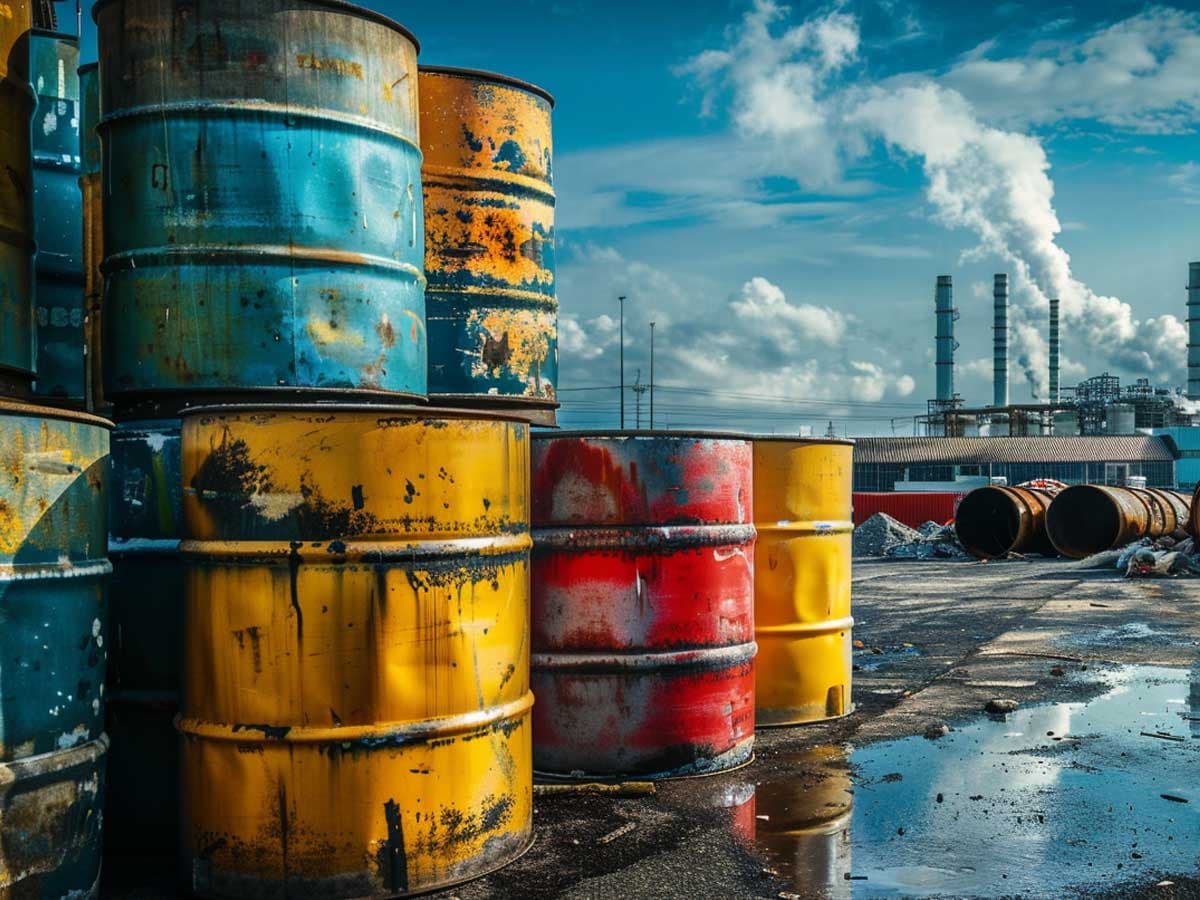 Chemicals pollution barrels outside a factory