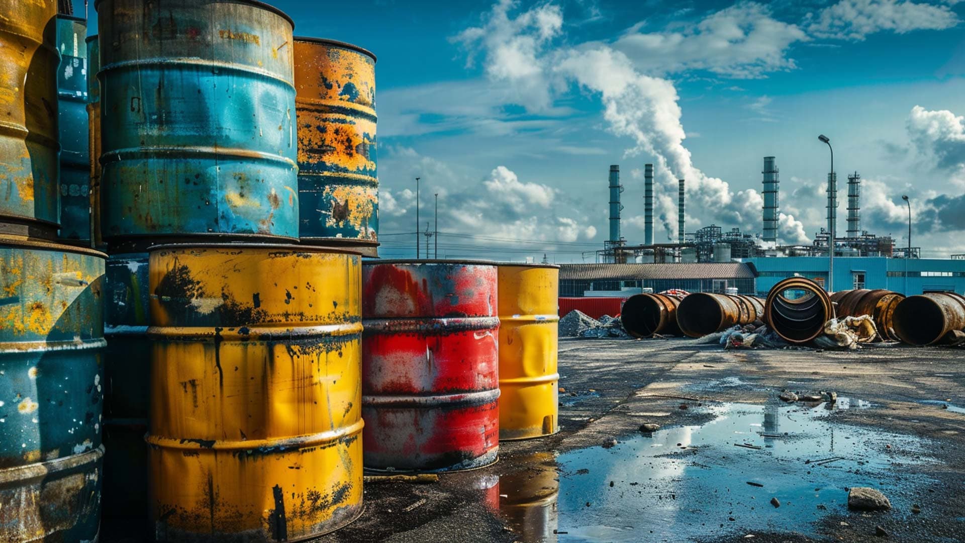 Chemicals pollution barrels outside a factory