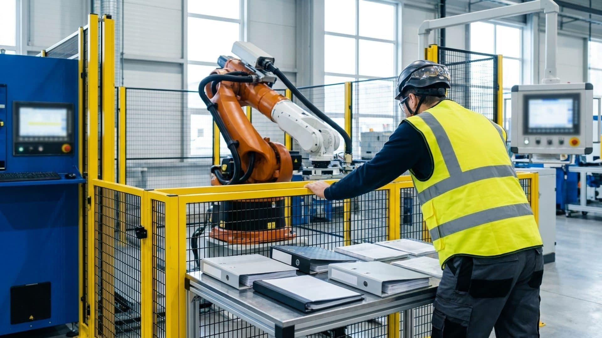 Engineer inspecting safeguards around an industrial robot cell