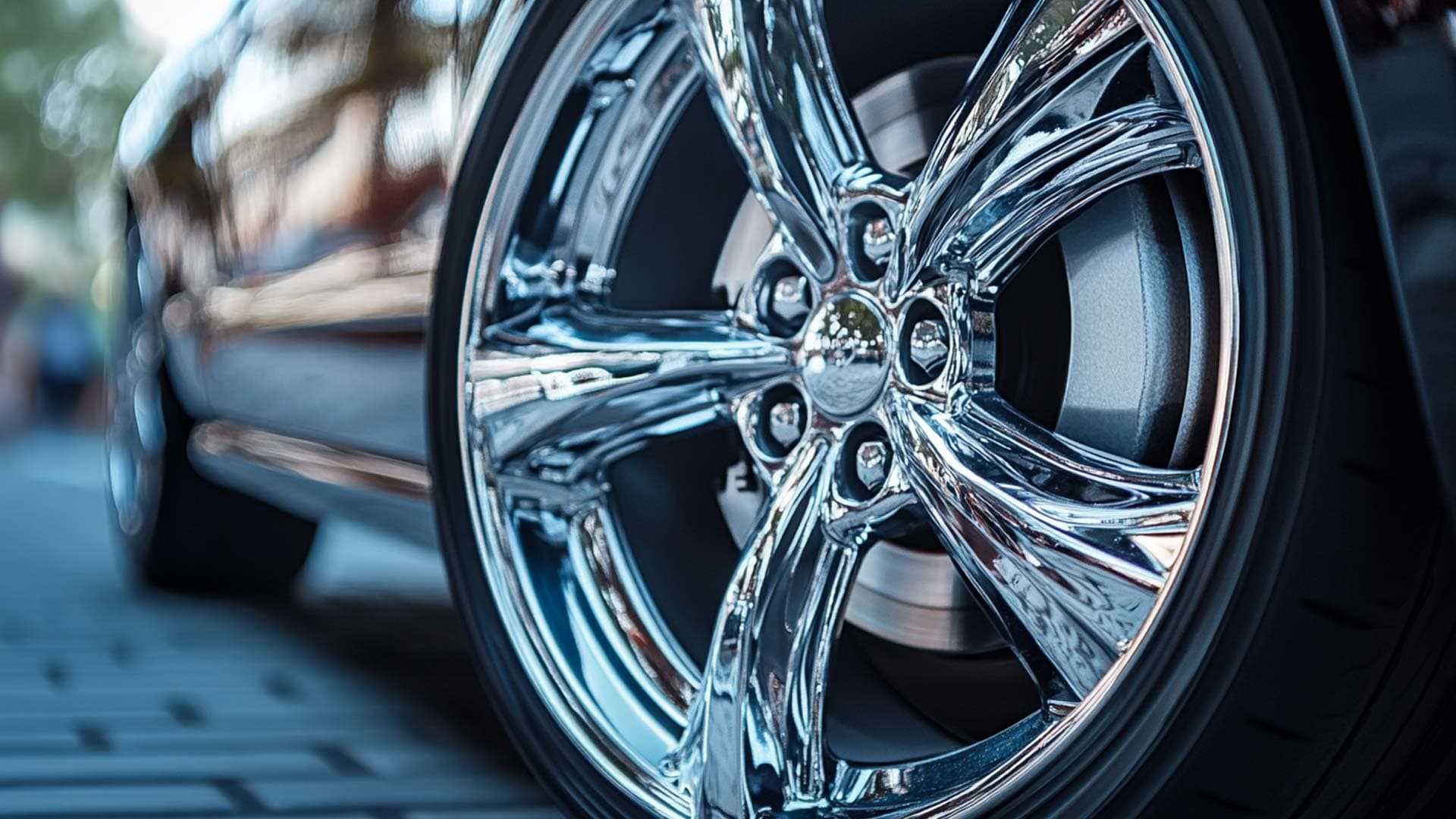 Close-up of decorative chrome alloy wheel