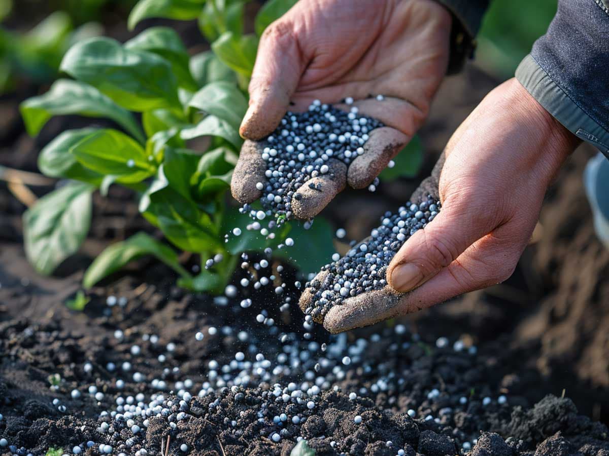 Person scattering polymer encapsulated fertilizer on soil