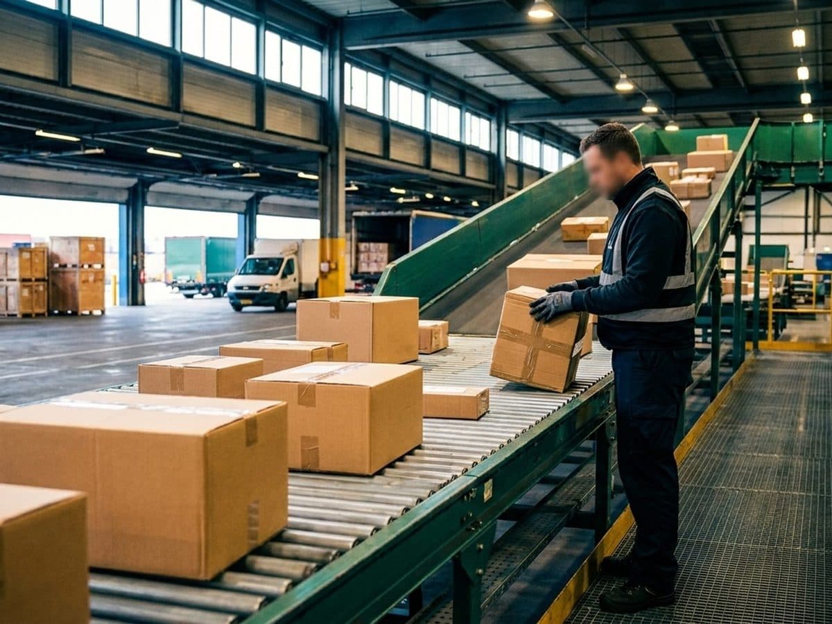 Customs inspector checking unmarked parcels on a conveyor