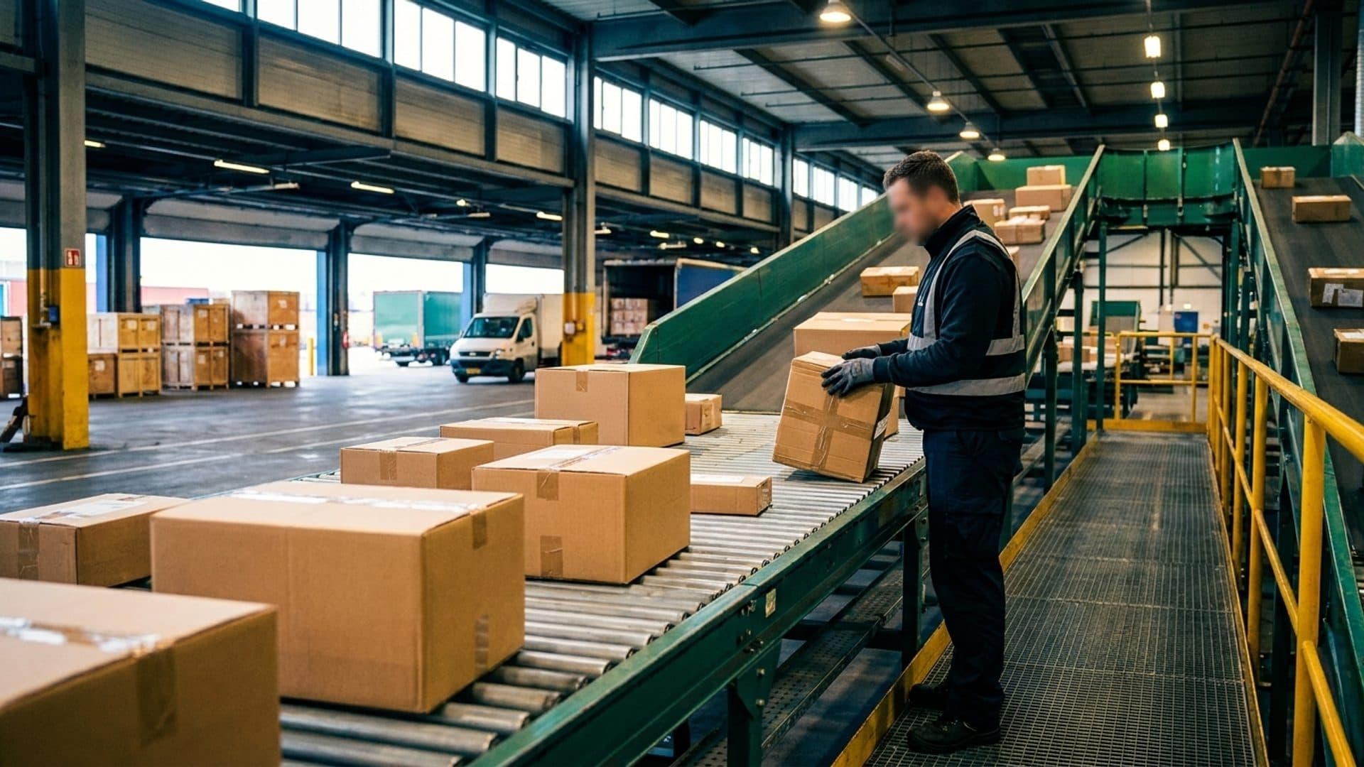 Customs inspector checking unmarked parcels on a conveyor
