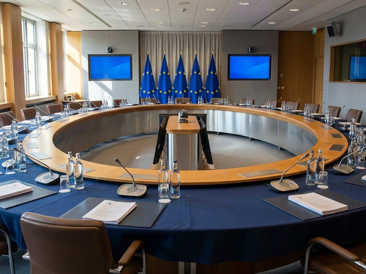 Empty European Council-style meeting room with conference table and EU flags