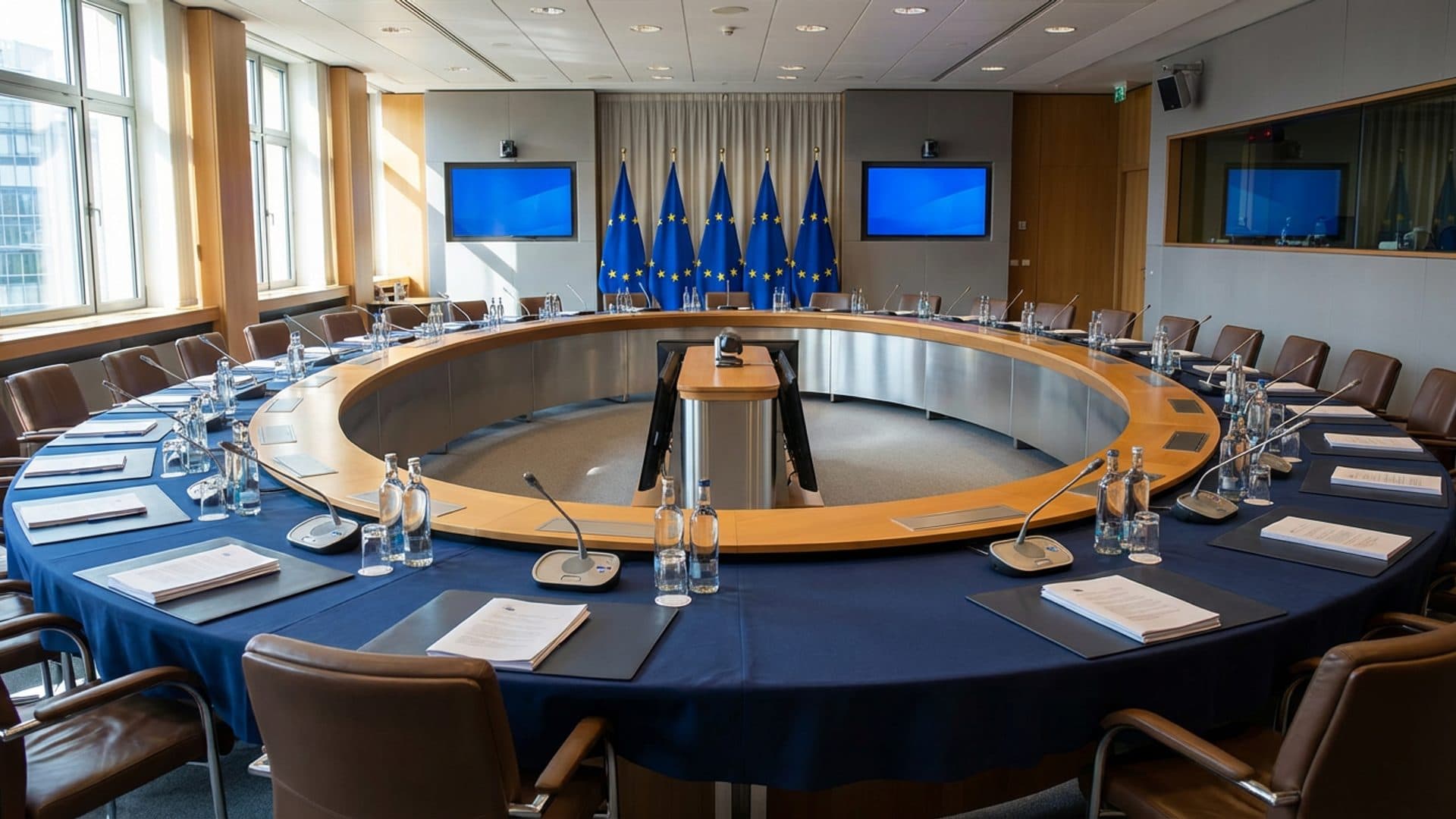 Empty European Council-style meeting room with conference table and EU flags