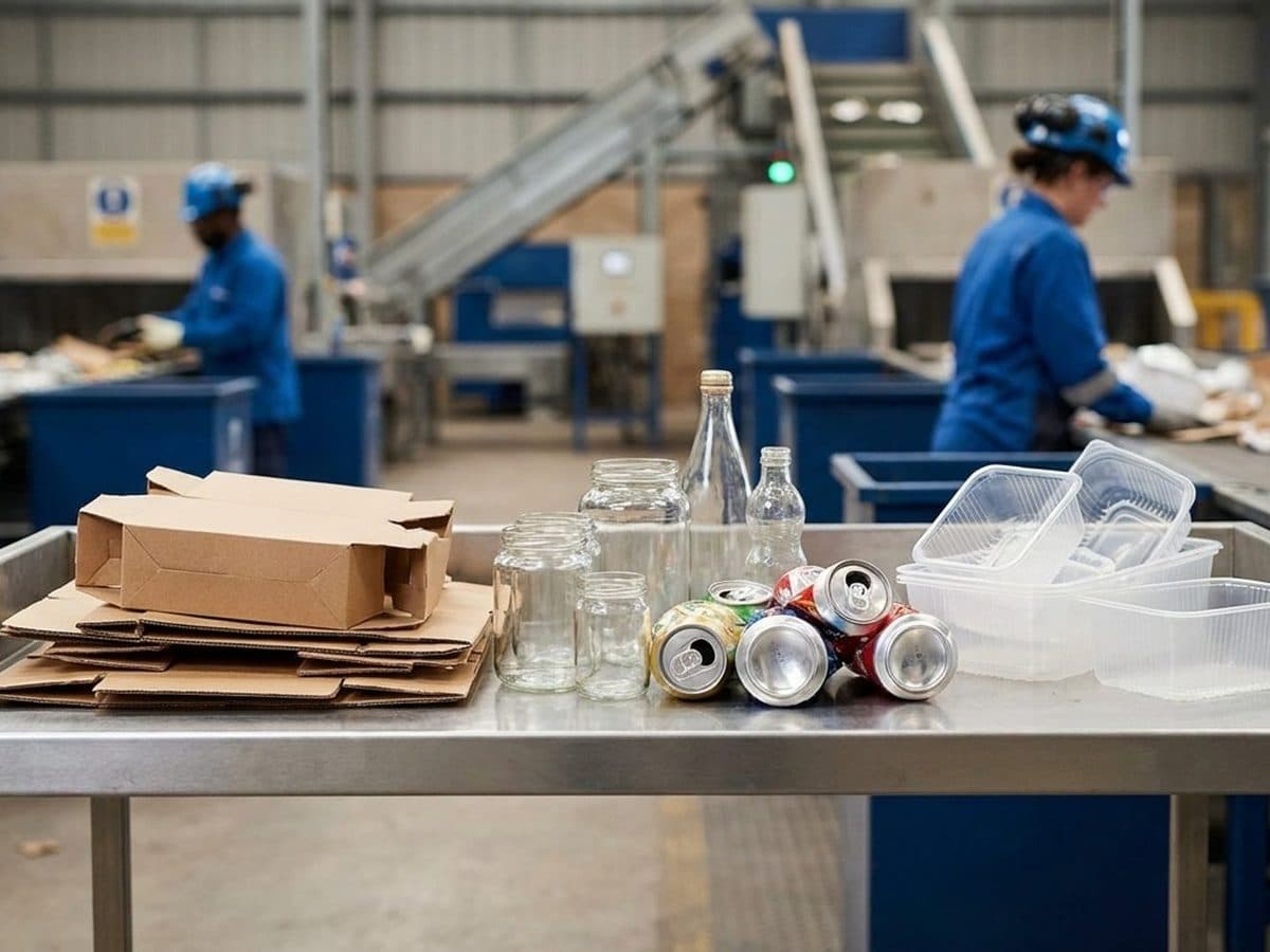Sorted paper, glass, metal and plastic packaging in a recycling facility