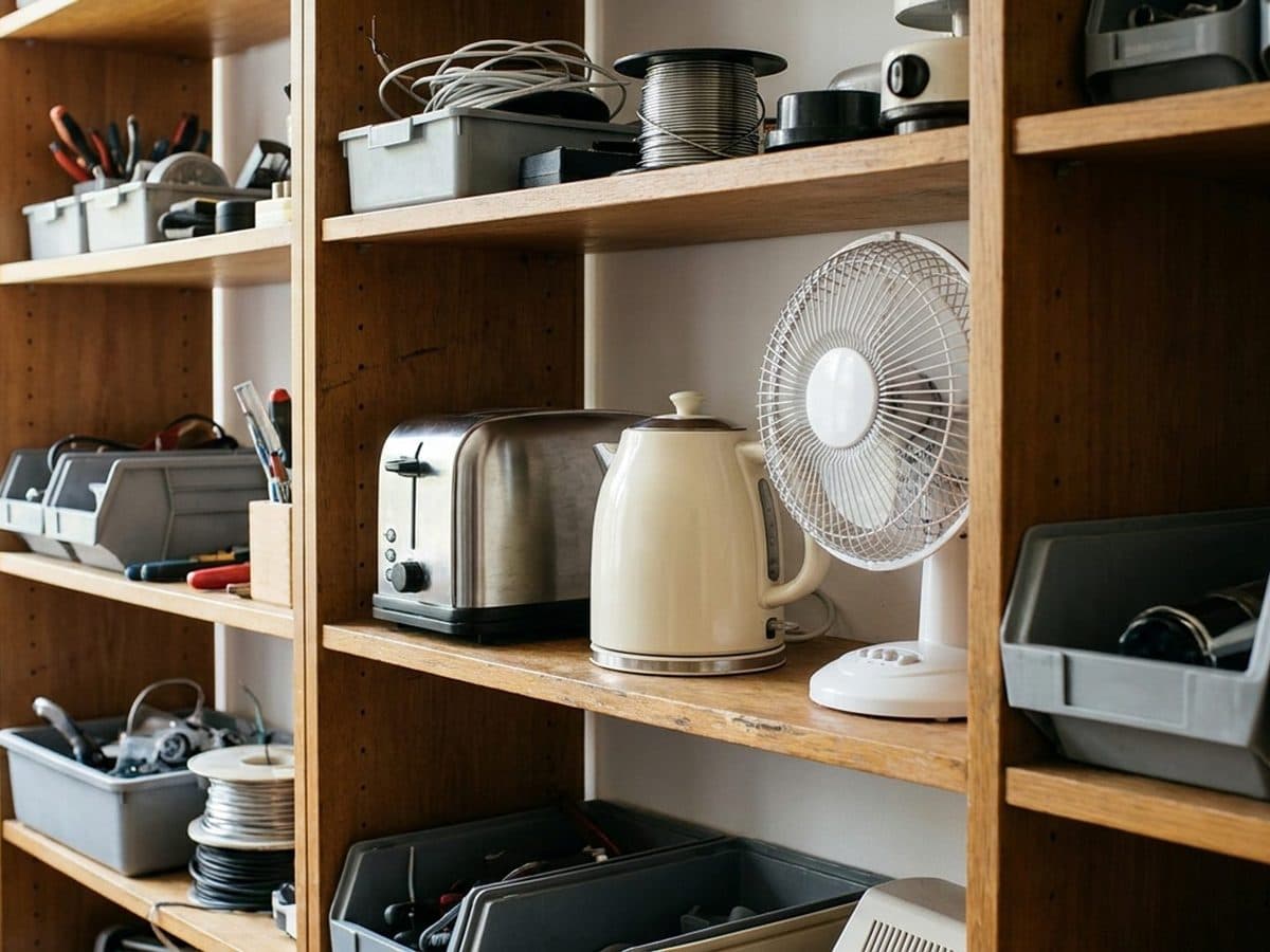 Unbranded small electrical appliances on a repair workshop shelf