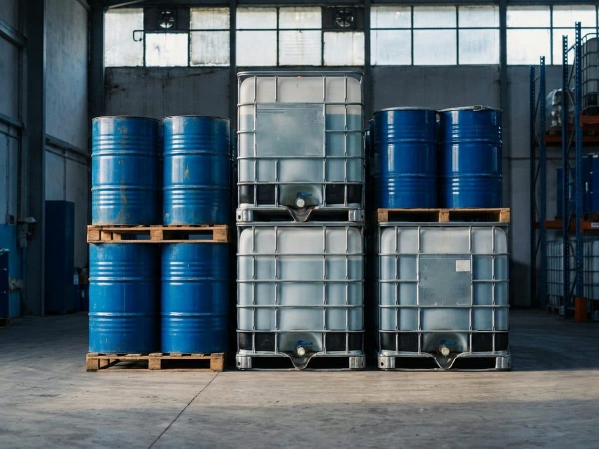 Unmarked industrial drums and bulk containers in a warehouse