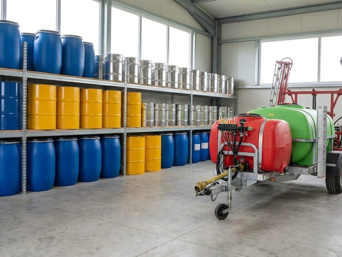 Crop-protection containers and field-spraying equipment in an agricultural building