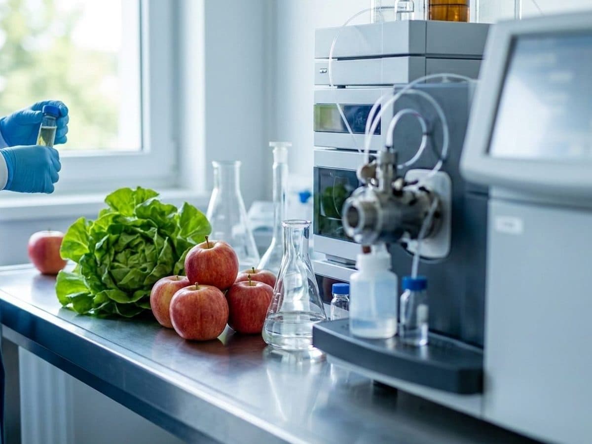Apples and lettuce beside residue-testing equipment in a laboratory