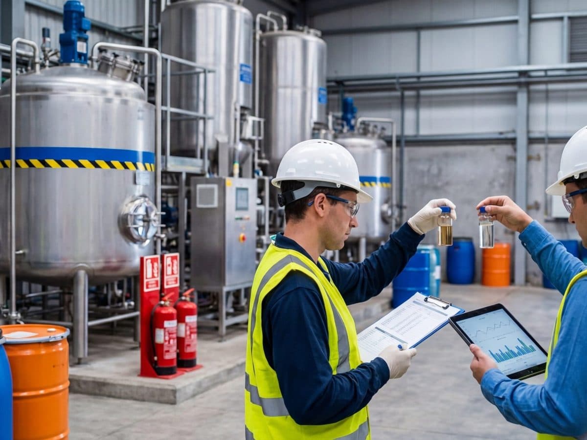 Industrial materials facility with compliance staff and processing equipment