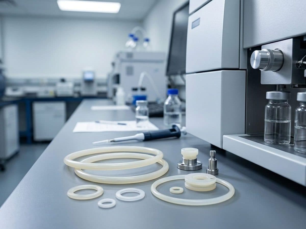 Coated industrial components beside laboratory analysis equipment