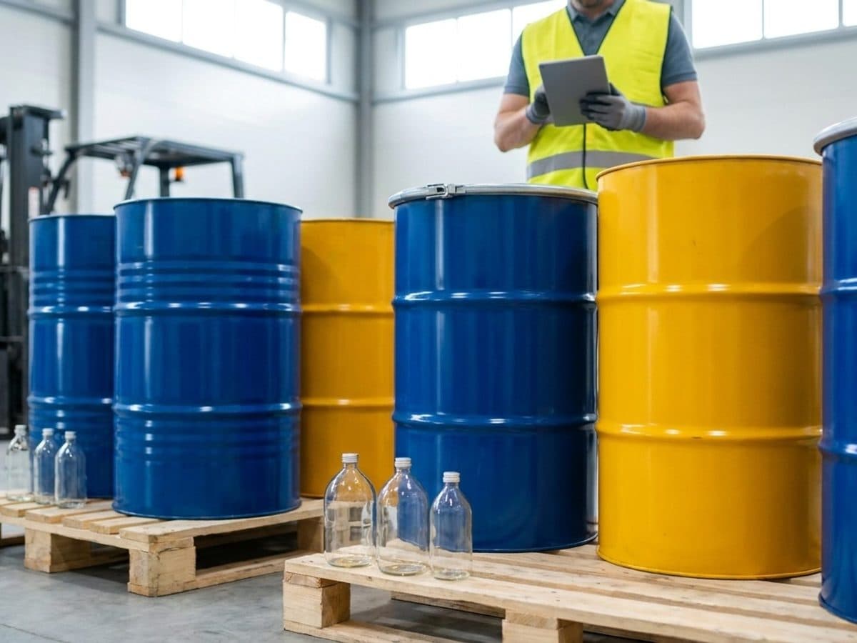Unbranded chemical containers undergoing a freight compliance check