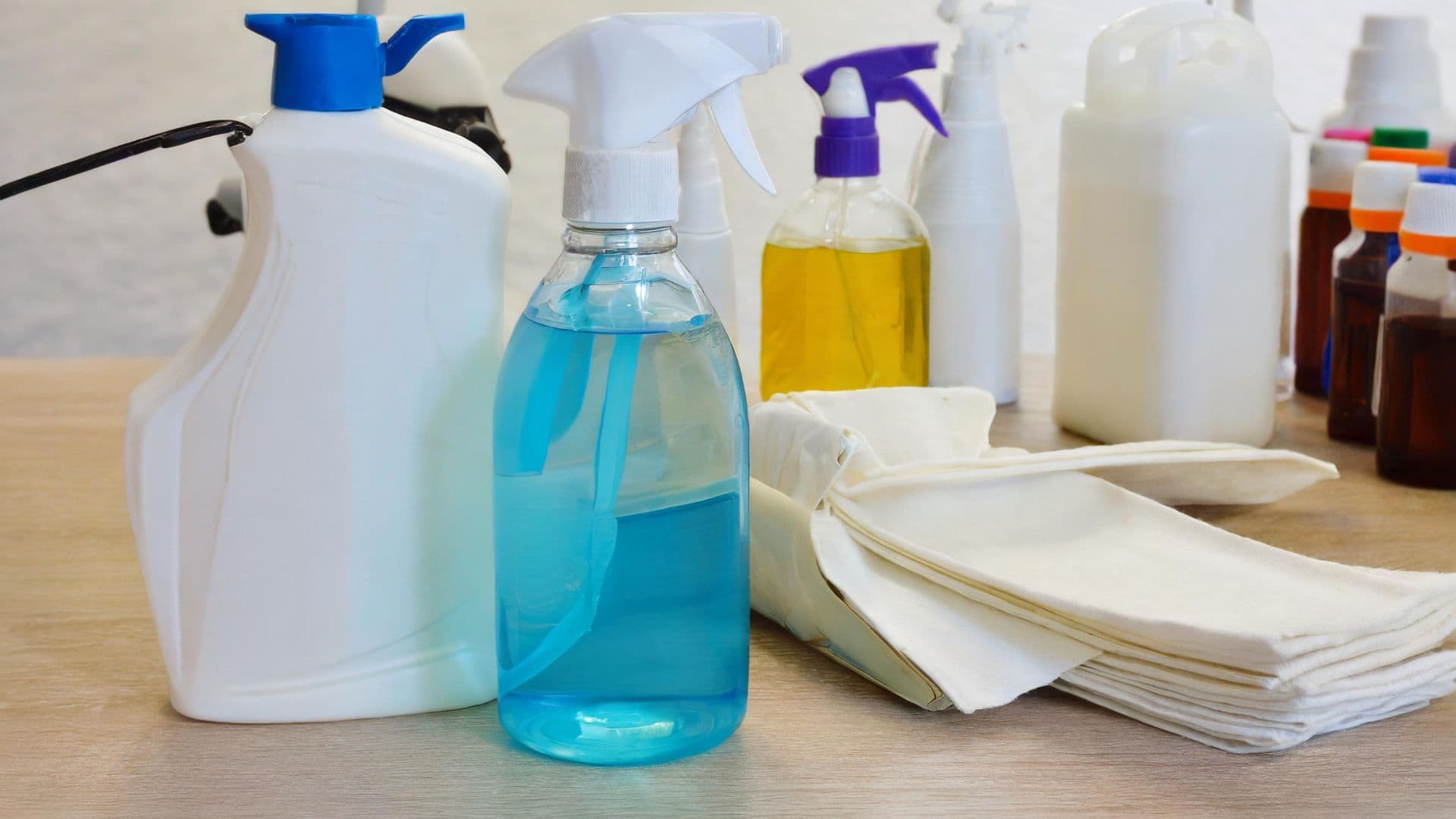 Disinfectants sitting on a table