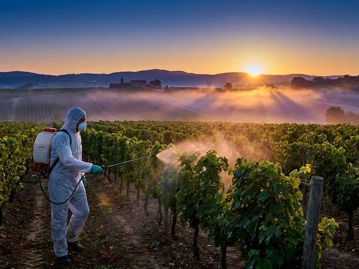 Crop spraying in a European vineyard
