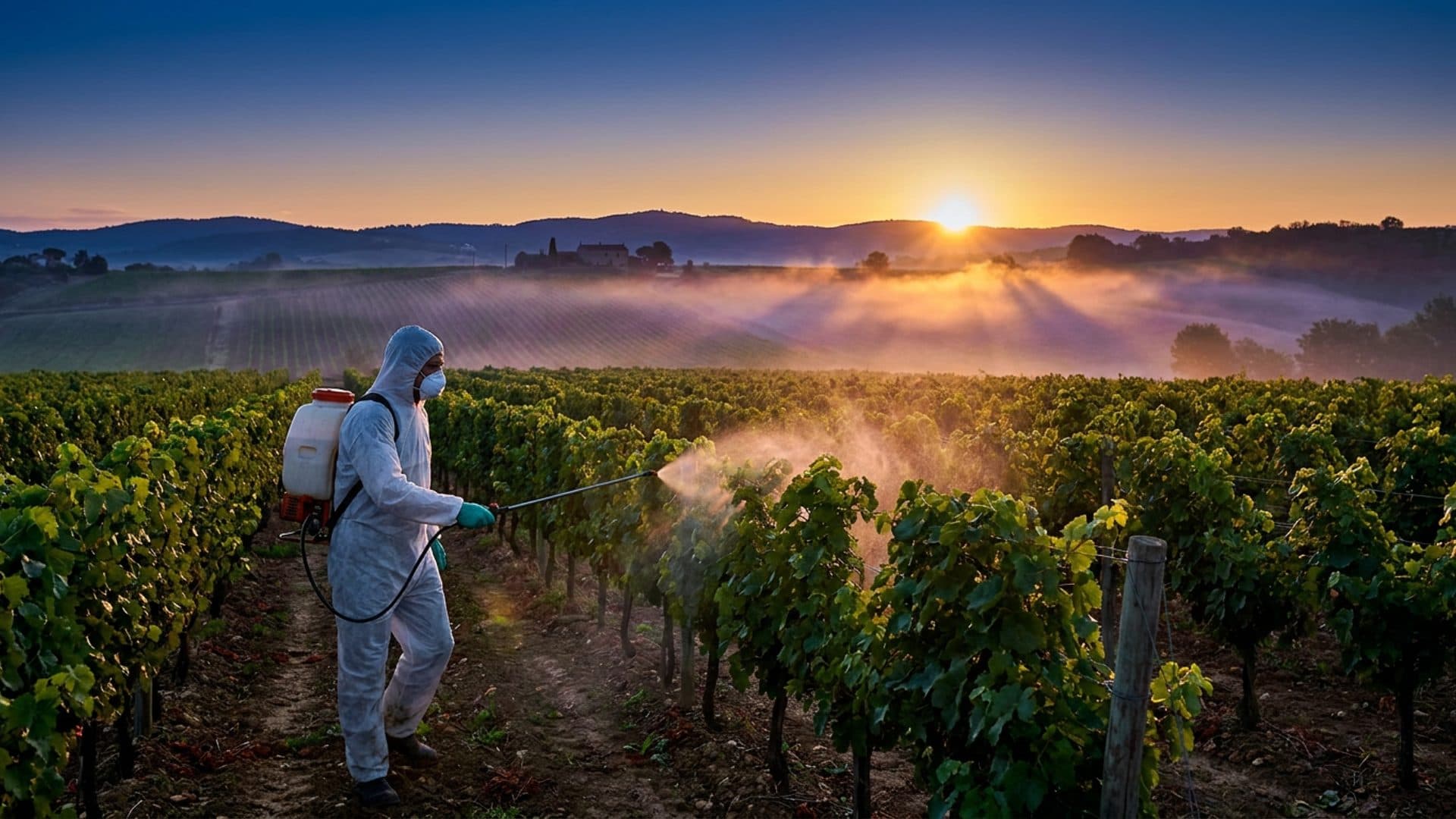 Crop spraying in a European vineyard
