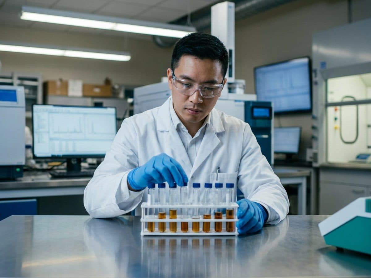 Chemical quality control lab with technician handling sample vials
