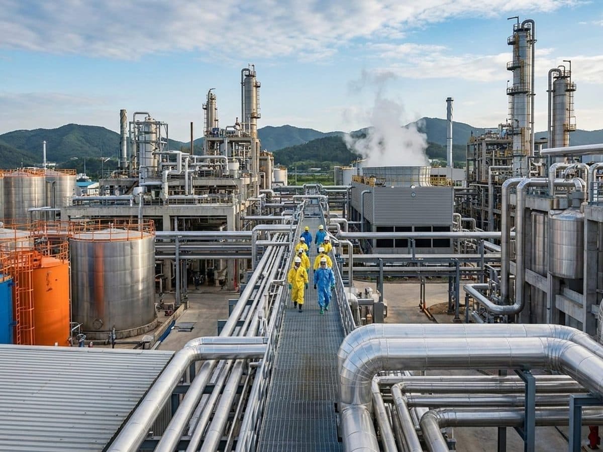 Chemical manufacturing facility with storage tanks and industrial pipework